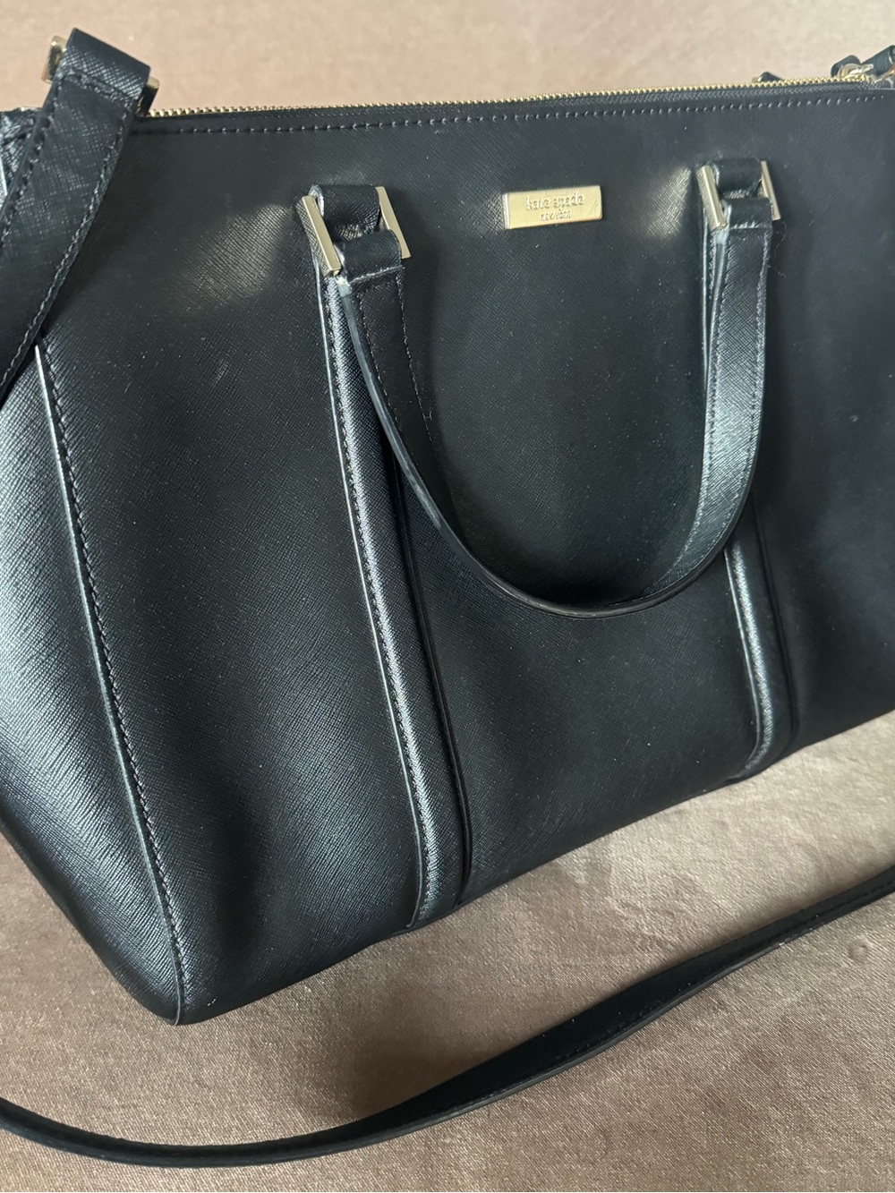 Kate Spade Black Saffiano Leather Double Zipper Pockets Carryall Satchel Bag